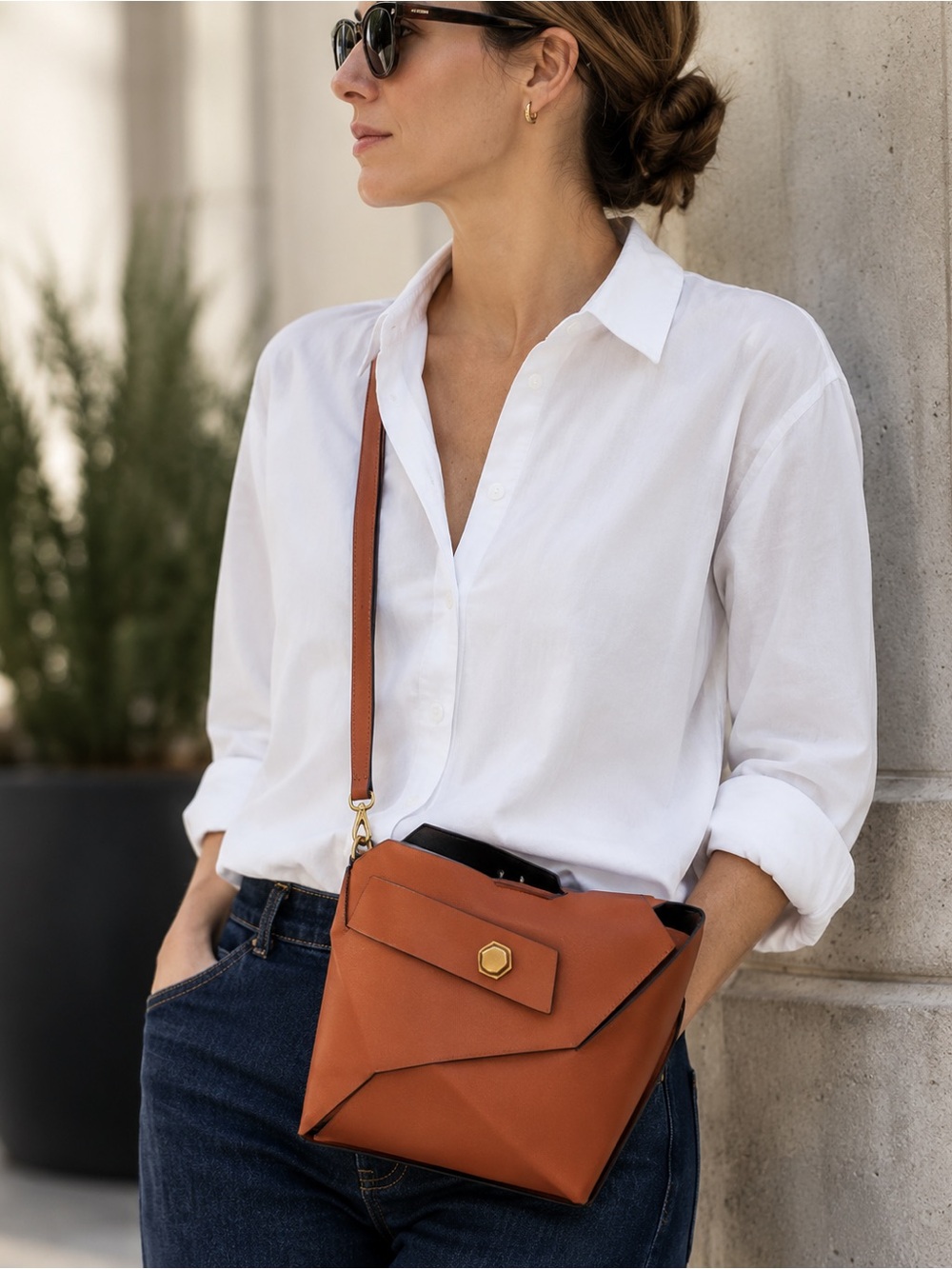 Cognac Origami Fold Flat Convertible Crossbody Shoulder Bag